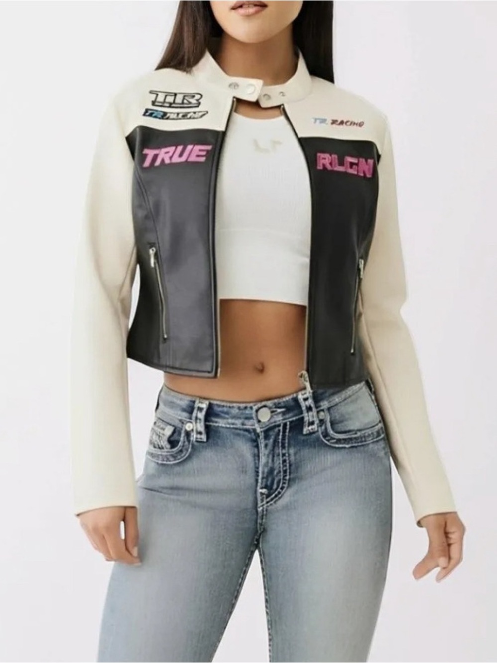 NEW True Religion Racing Black & Cream Faux Leather Moto Jacket